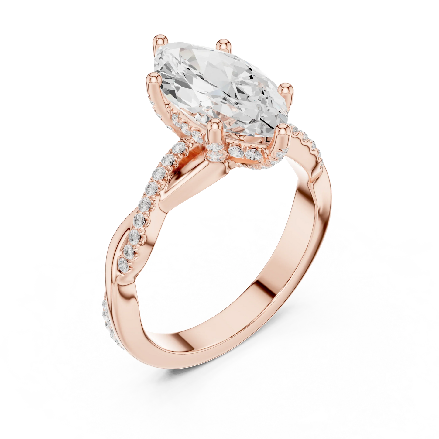 Front view of rose gold marquise diamond ring with twisted vine pave band and lab-grown diamond – Australia
