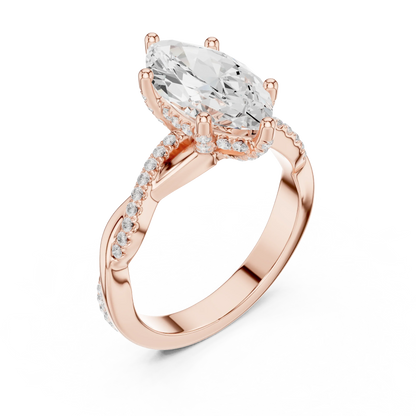 Front view of rose gold marquise diamond ring with twisted vine pave band and lab-grown diamond – Australia