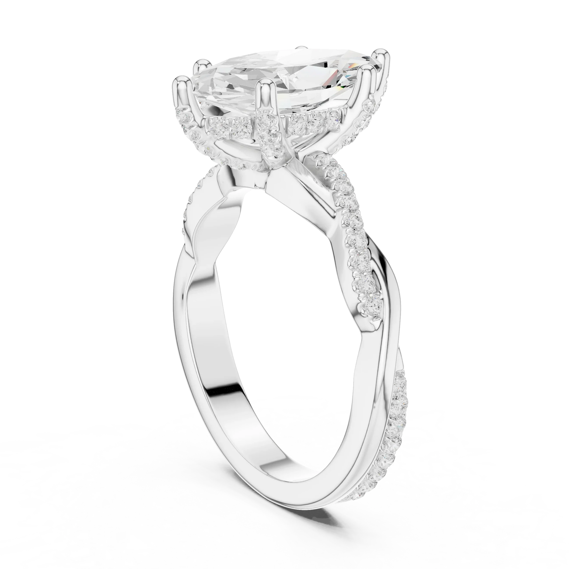Back view of white gold marquise diamond ring with twisted vine pave band and lab-grown diamond – Australia