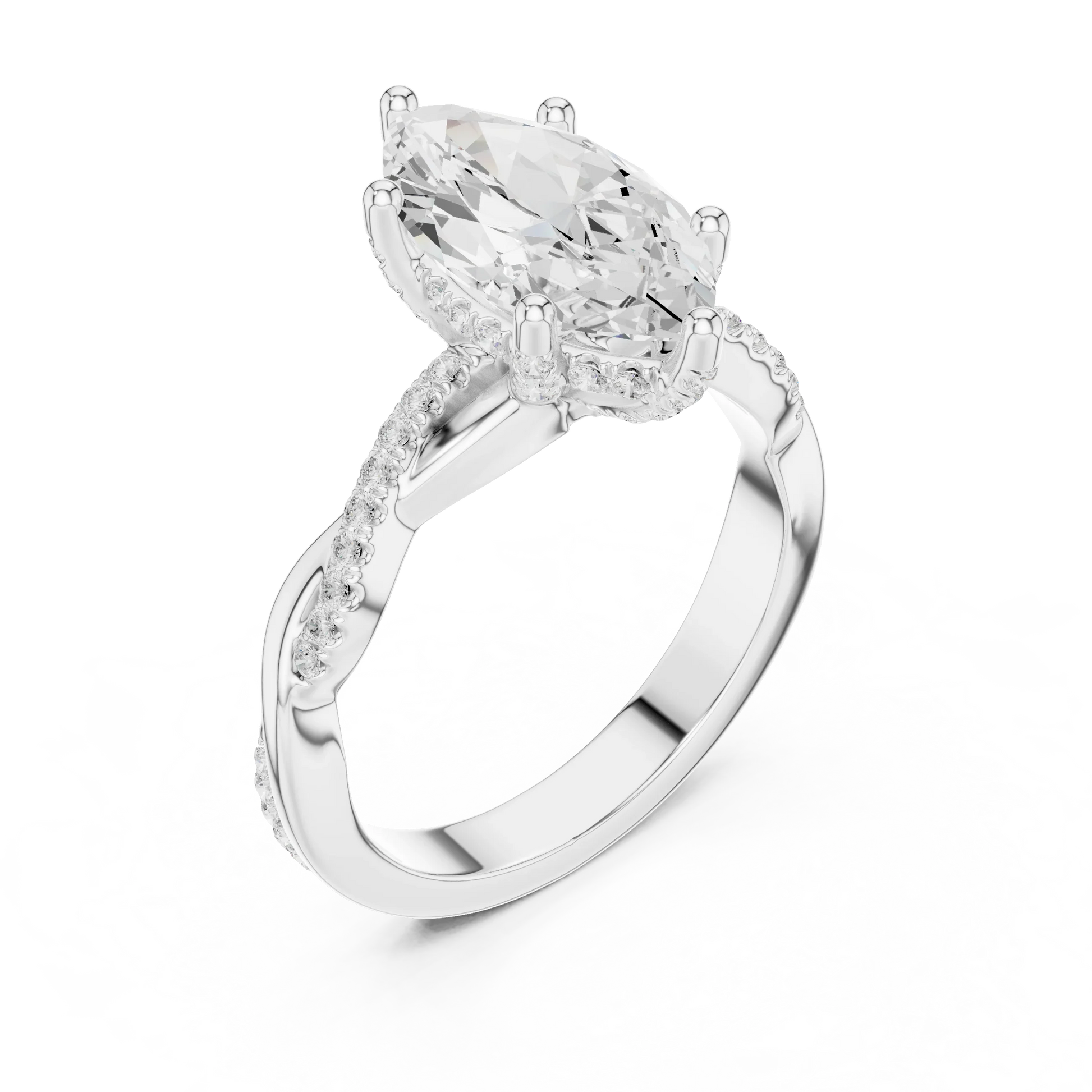 Front view of white gold marquise diamond ring with twisted vine pave band and lab-grown diamond – Australia