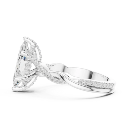 Side view of white gold marquise diamond ring with twisted vine pave band and lab-grown diamond – Australia