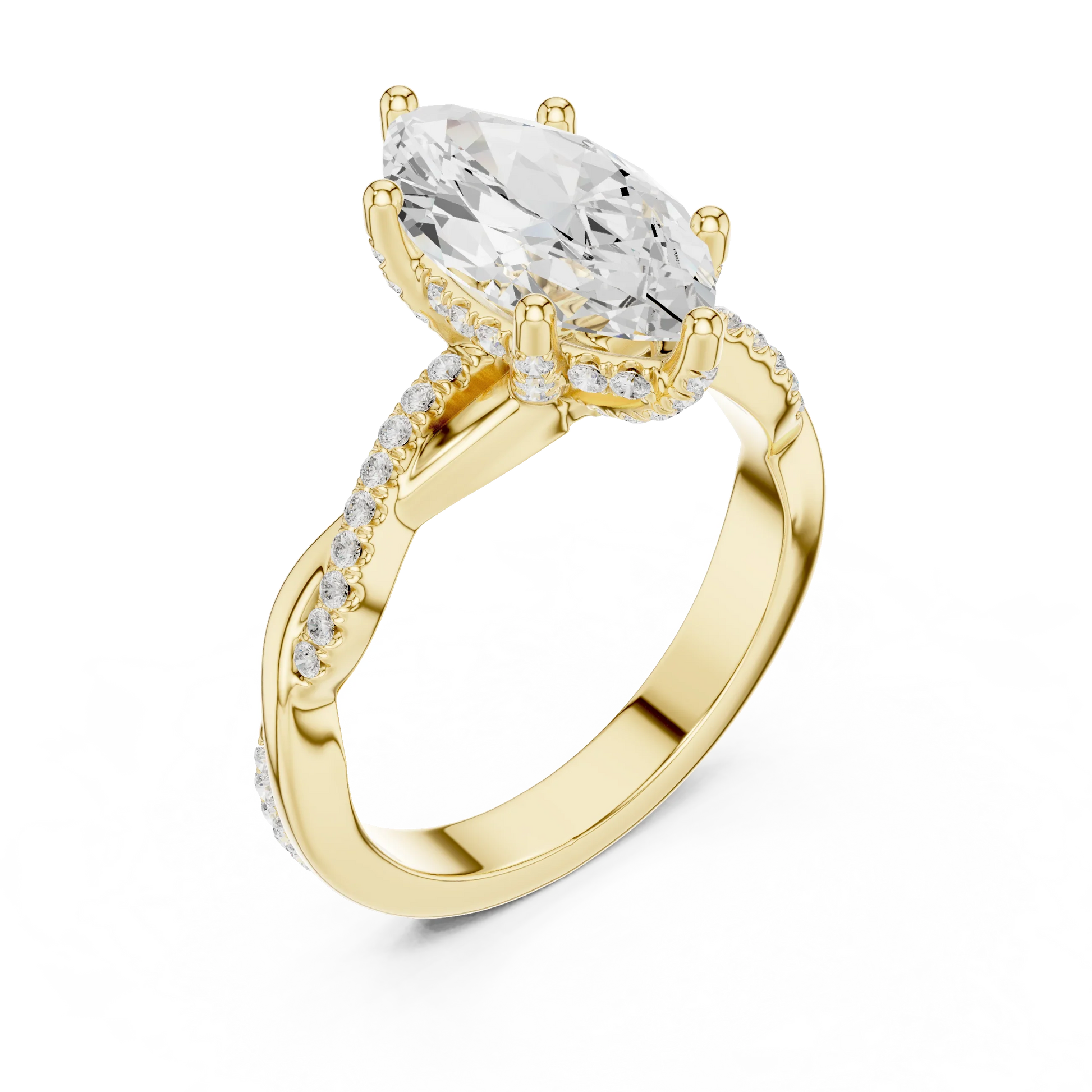 Front view of yellow gold marquise diamond ring with twisted vine pave band and lab-grown diamond – Australia
