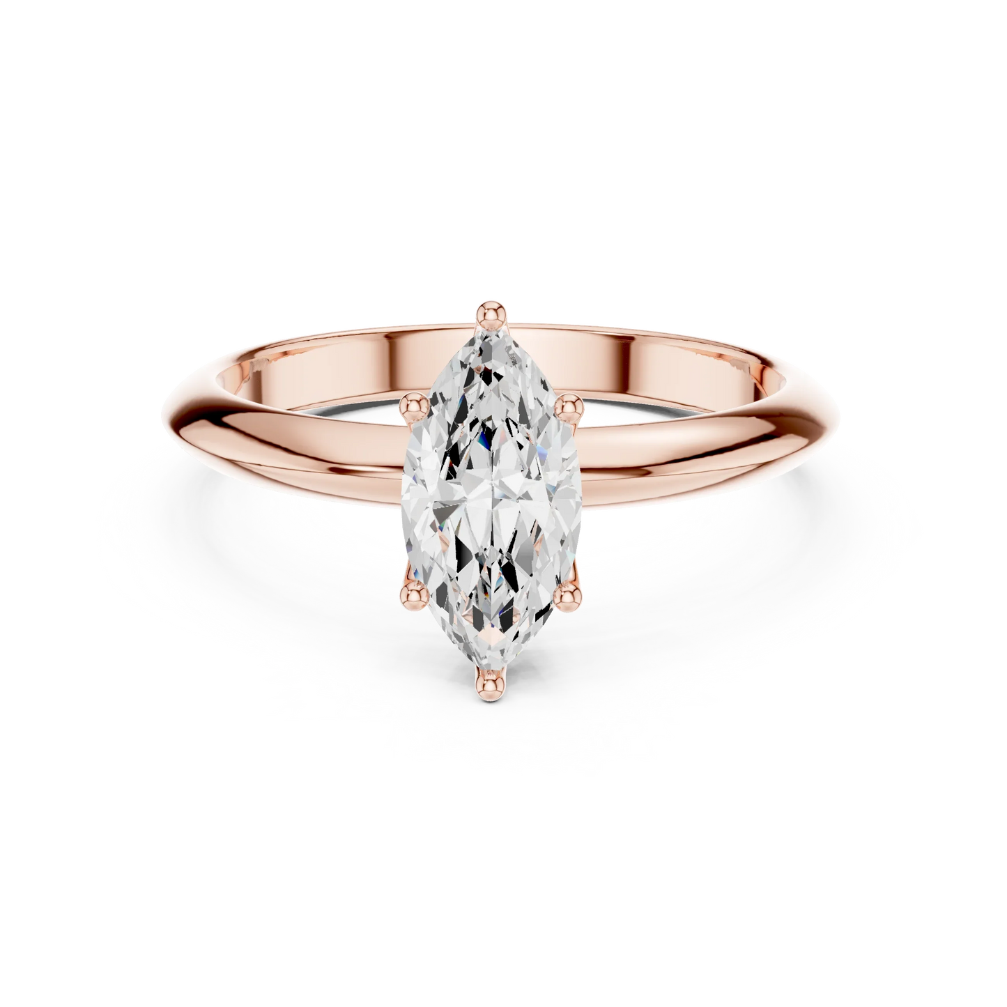 Lab-grown marquise cut diamond solitaire ring in rose gold, soft tone top view.