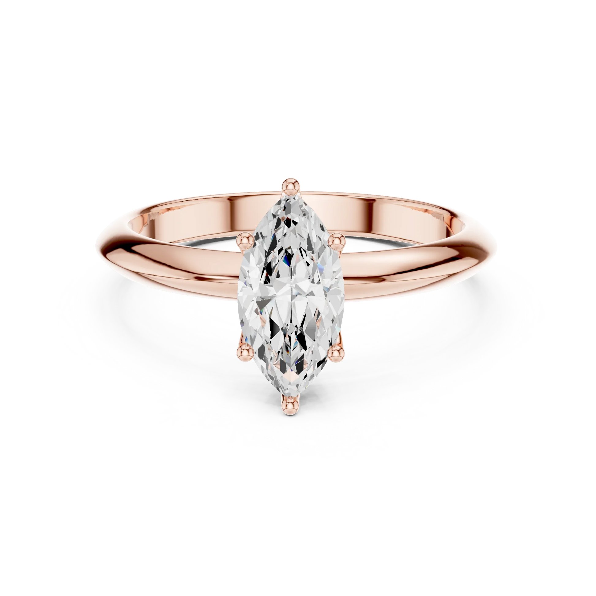 Lab-grown marquise cut diamond solitaire ring in rose gold, soft tone top view.