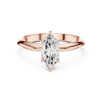 Lab-grown marquise cut diamond solitaire ring in rose gold, soft tone top view.