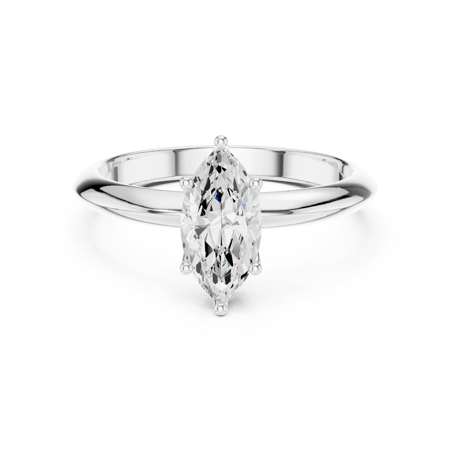 Lab-grown marquise cut diamond solitaire ring in white gold, elegant top view.