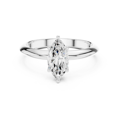 Lab-grown marquise cut diamond solitaire ring in white gold, elegant top view.