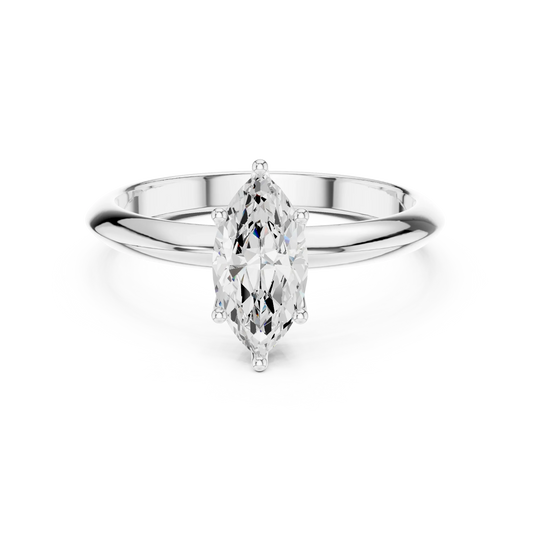 Lab-grown marquise cut diamond solitaire ring in white gold, elegant top view.