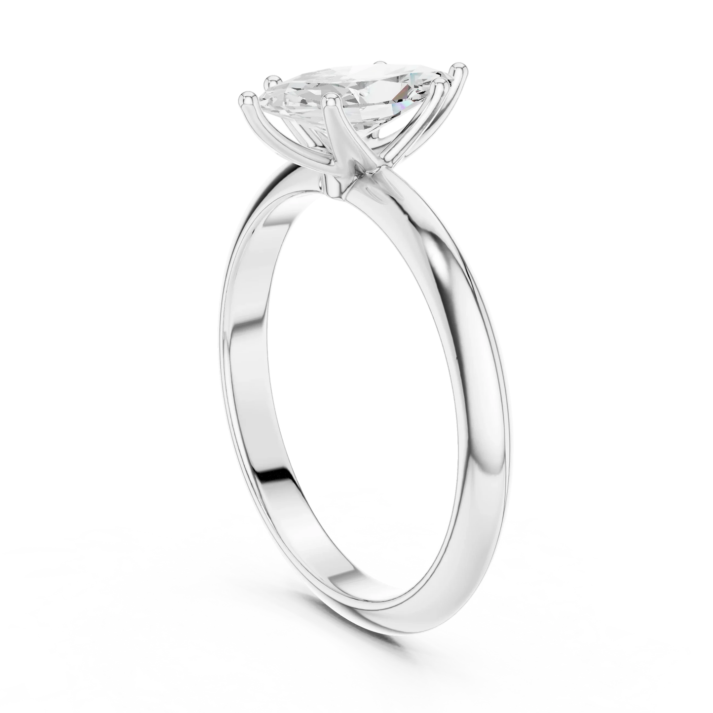 Back side view of white gold marquise diamond solitaire ring, showing band and setting detail