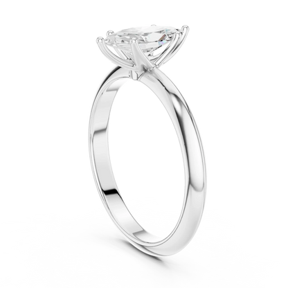 Back side view of white gold marquise diamond solitaire ring, showing band and setting detail