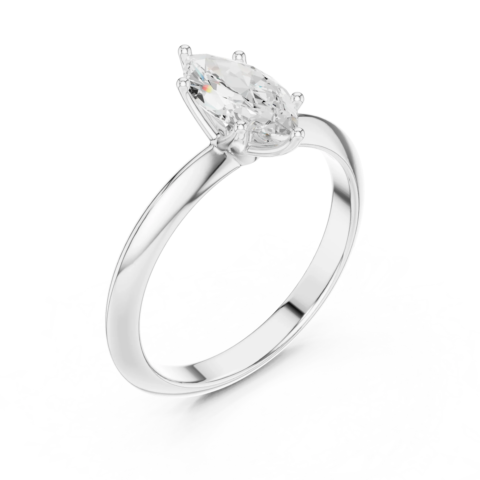 Front view of white gold marquise cut diamond solitaire ring, showcasing center stone.