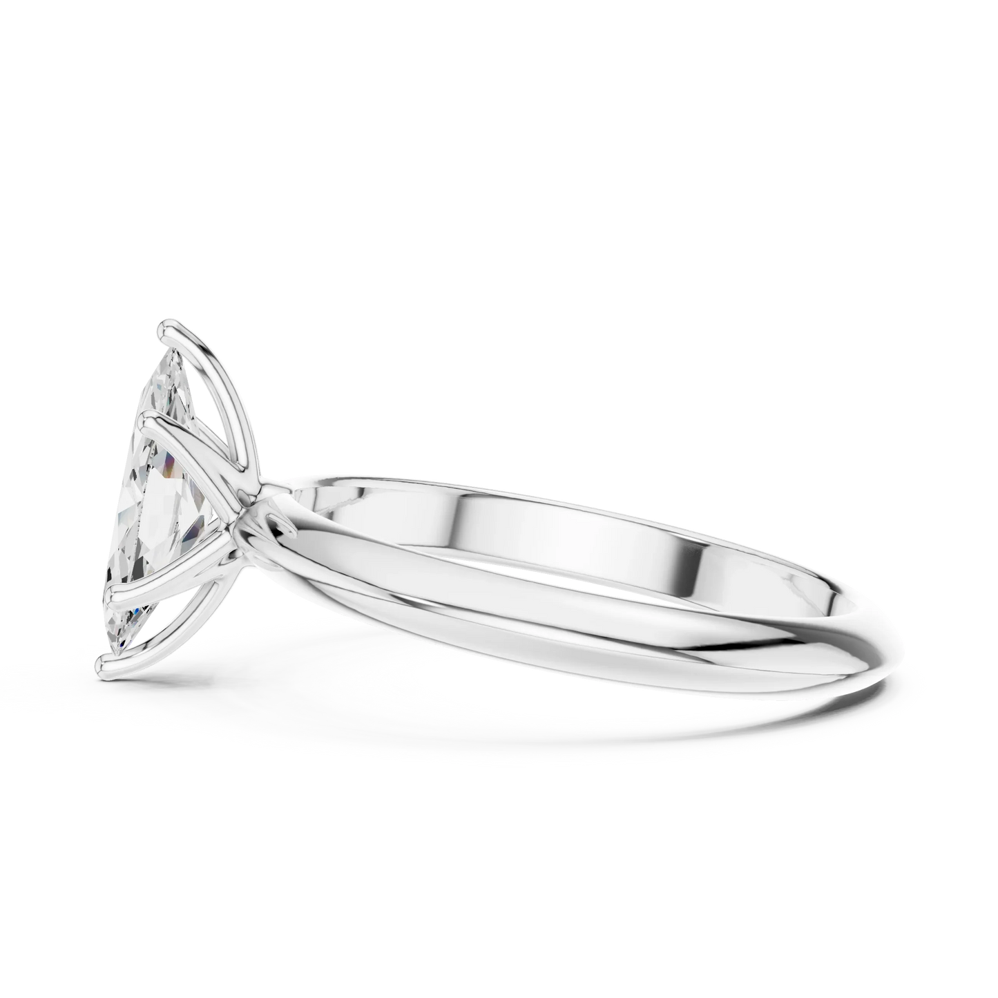 Side view of white gold marquise diamond solitaire ring, highlighting band structure