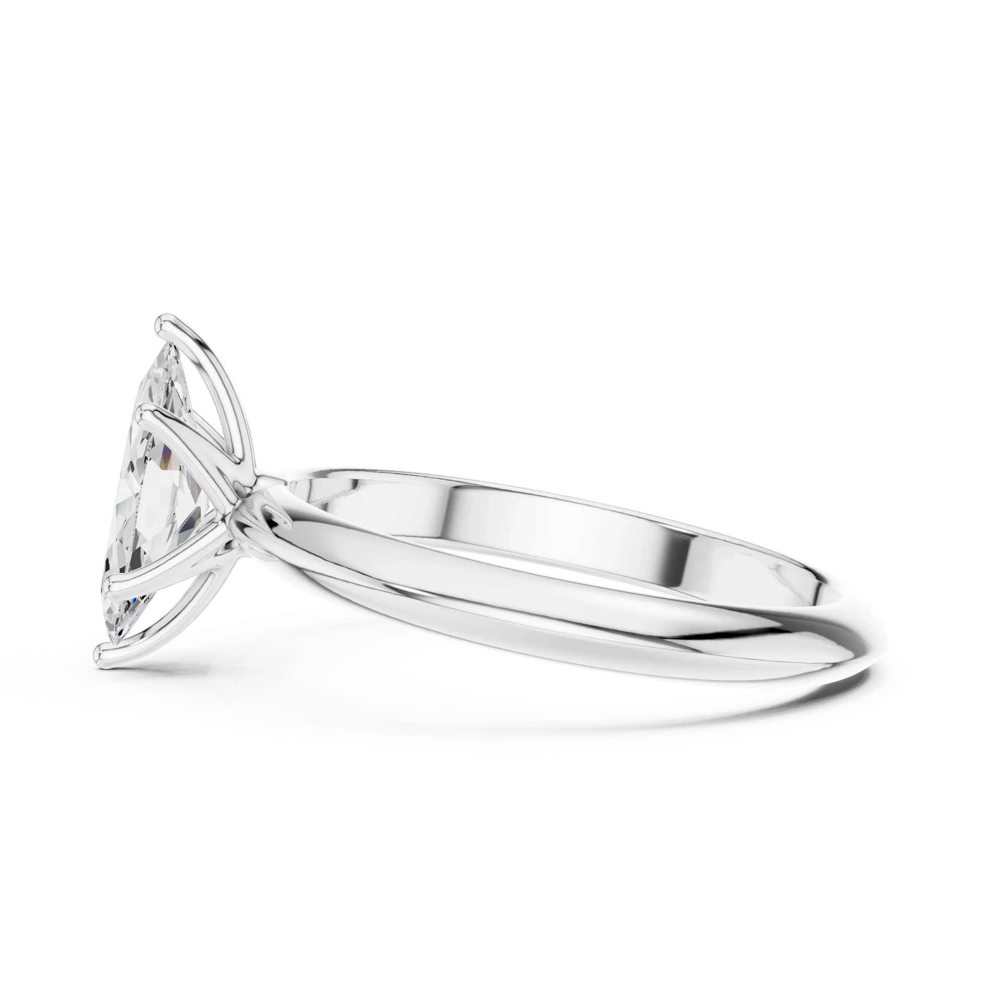 Side view of white gold marquise diamond solitaire ring, highlighting band structure