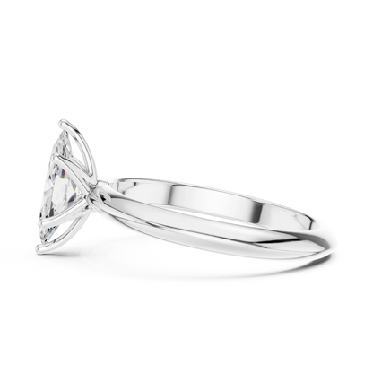 Side view of white gold marquise diamond solitaire ring, highlighting band structure