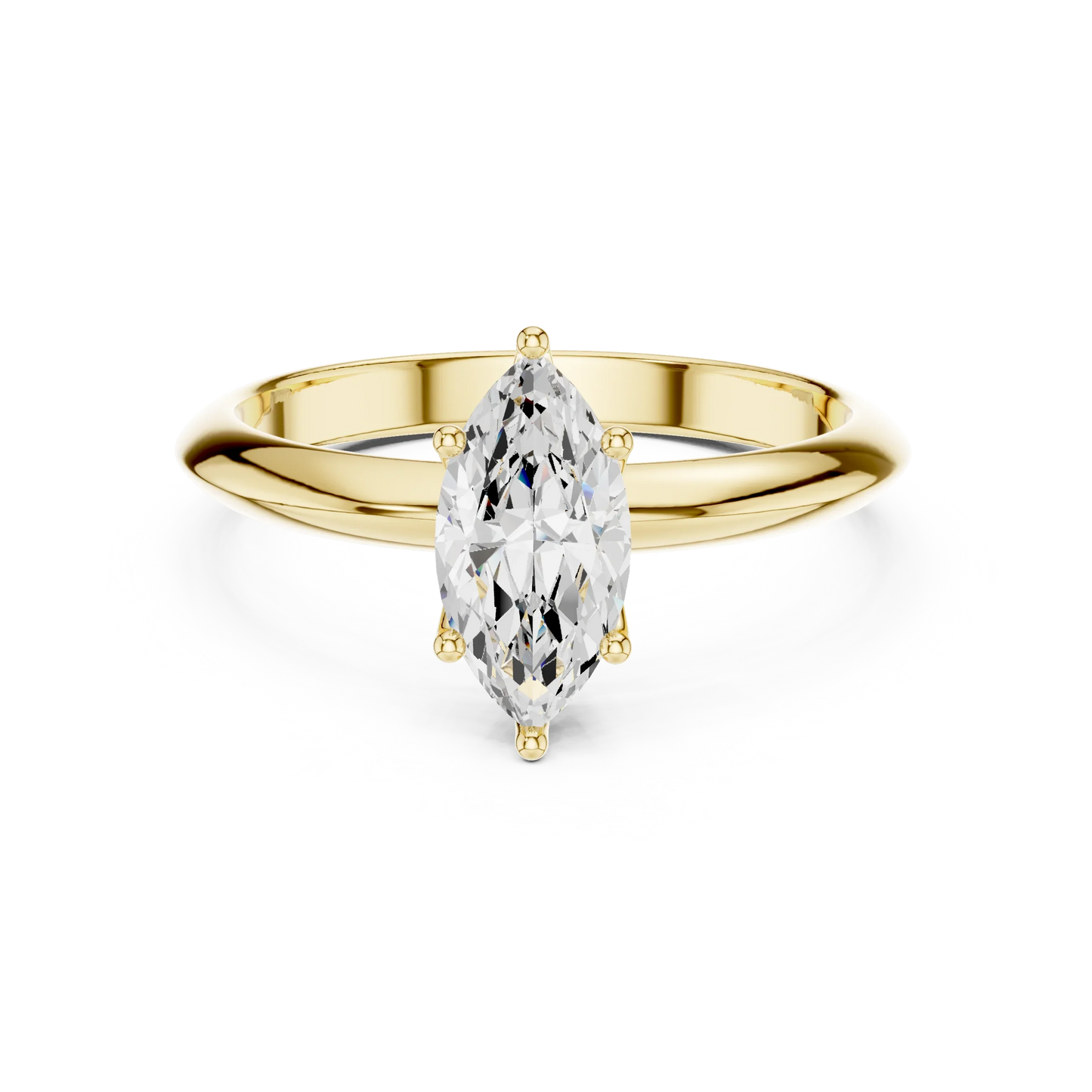 Lab-grown marquise cut diamond solitaire ring in yellow gold, classic top view