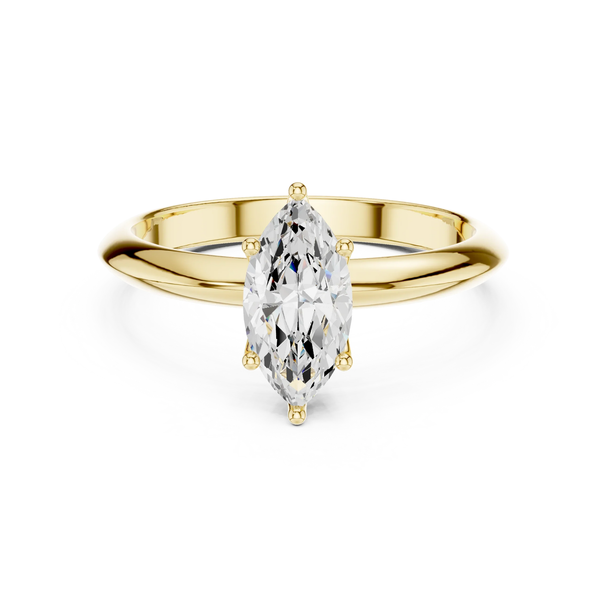 Lab-grown marquise cut diamond solitaire ring in yellow gold, classic top view