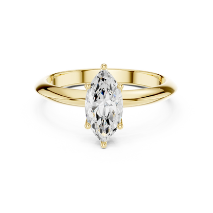 Lab-grown marquise cut diamond solitaire ring in yellow gold, classic top view