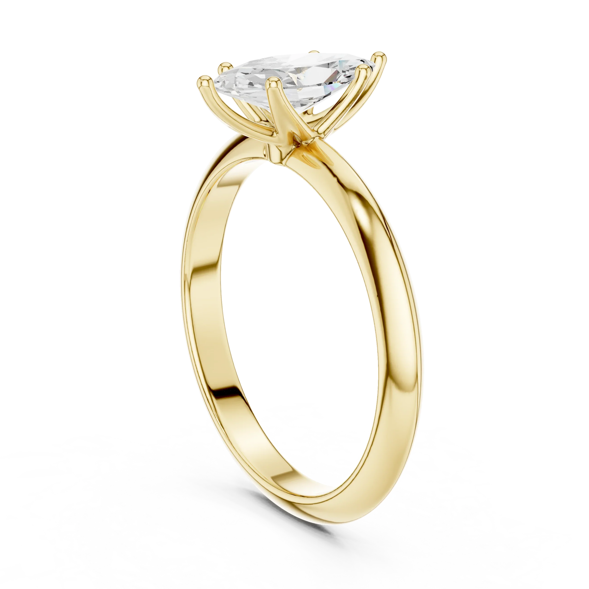 Back side view of yellow gold marquise diamond solitaire ring, showing band and setting.