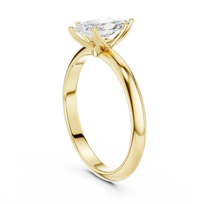 Back side view of yellow gold marquise diamond solitaire ring, showing band and setting.