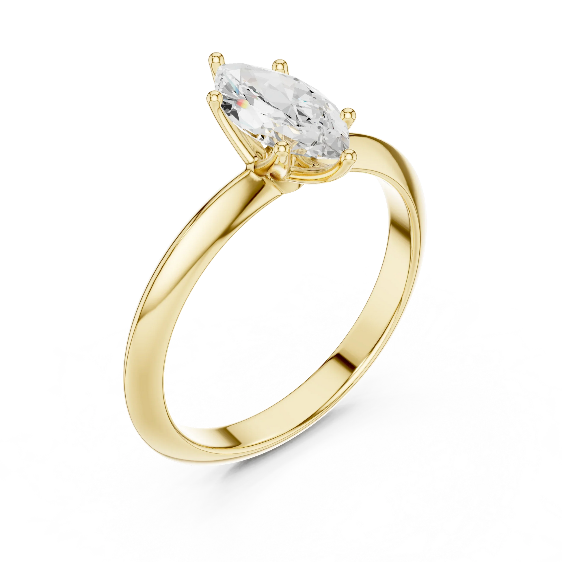 Front view of yellow gold marquise diamond solitaire ring, emphasizing brilliance