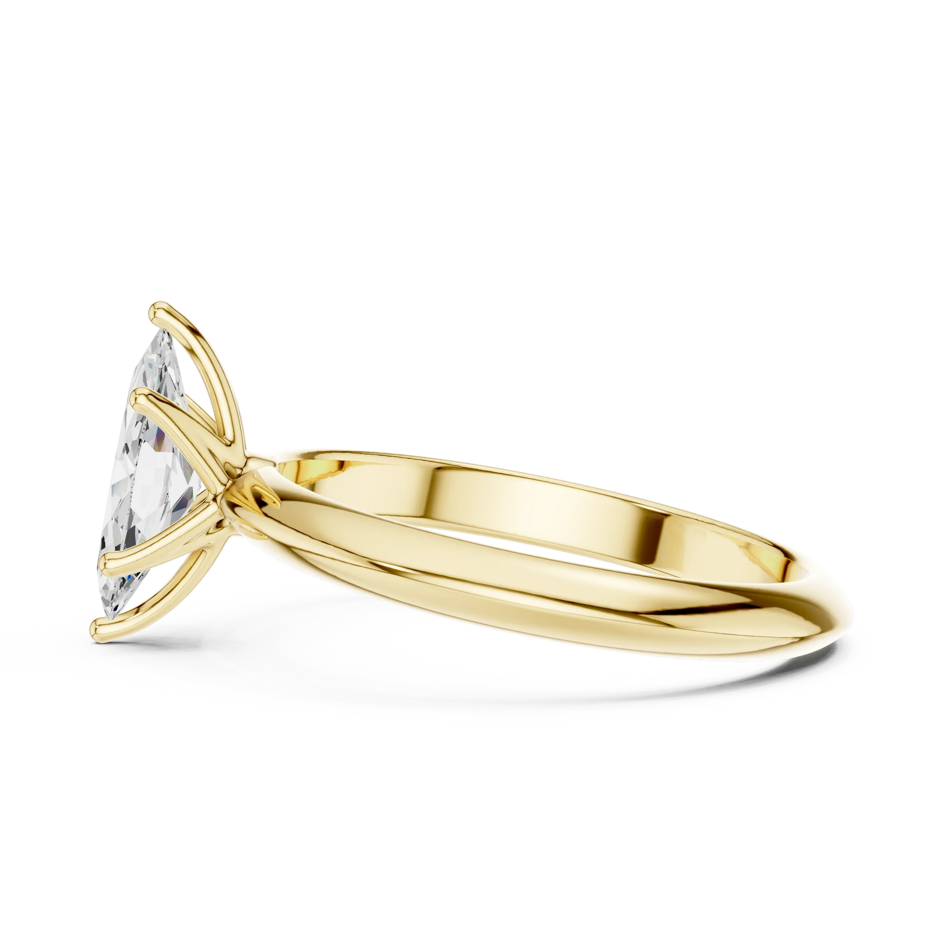Side view of yellow gold marquise cut diamond solitaire ring, highlighting stone height and setting.