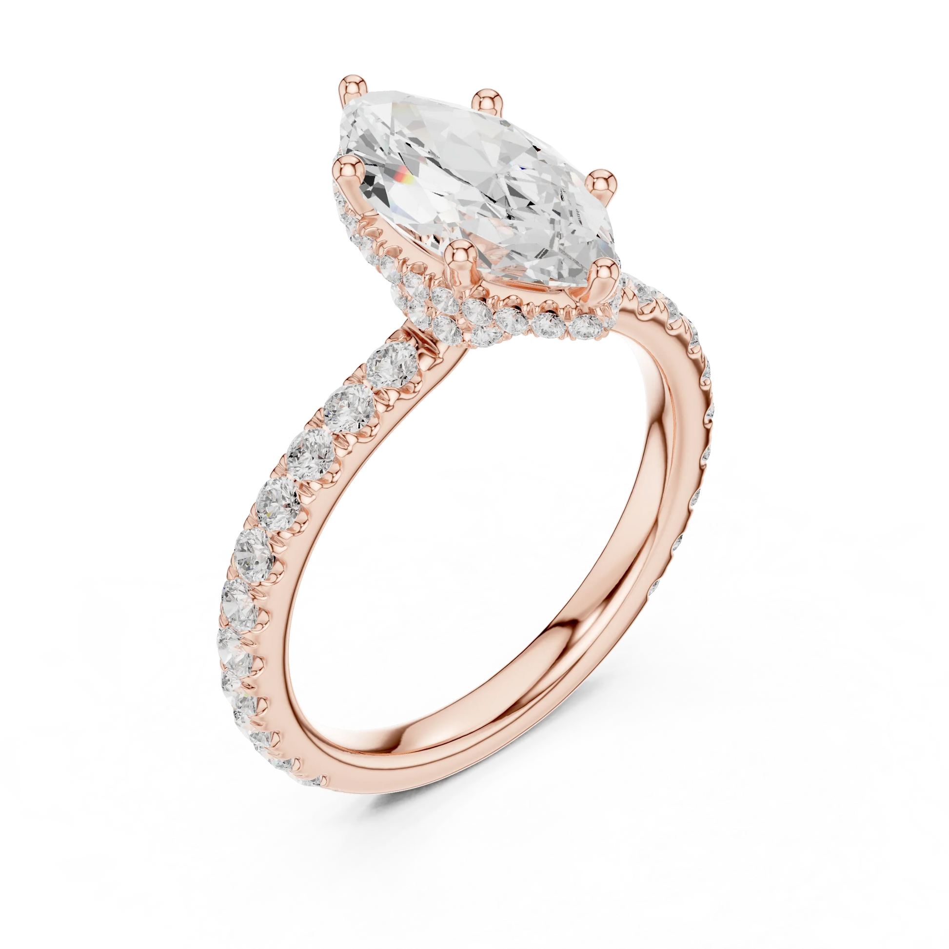 Front view of rose gold marquise hidden halo ring with pave diamond band and lab-grown diamond 鈥?Australia