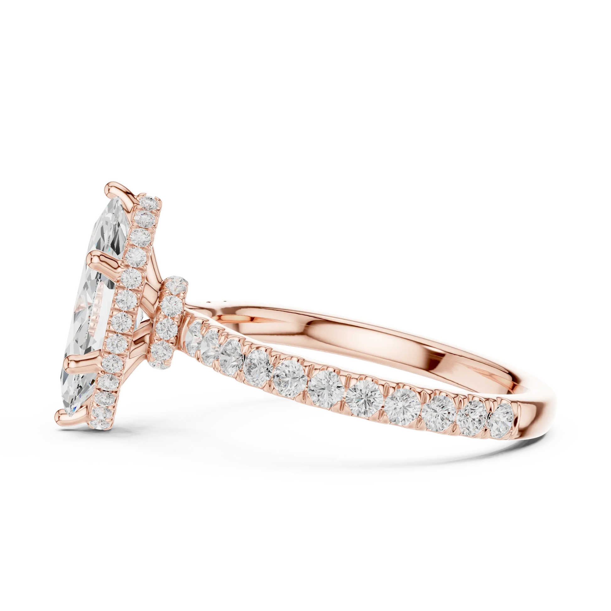 Side view of rose gold marquise hidden halo ring with pave diamond band and lab-grown diamond 鈥?Australia