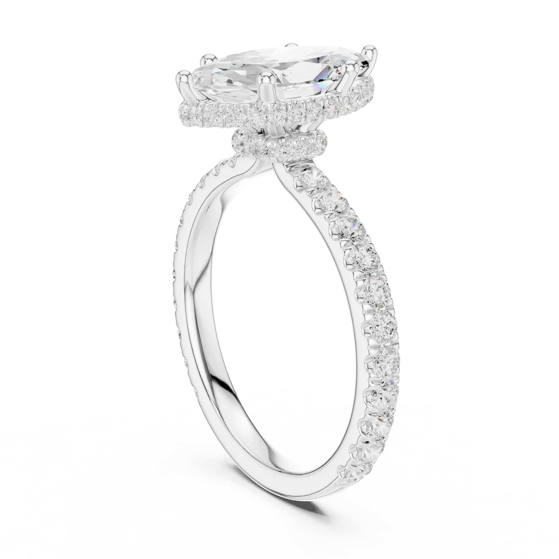 Back view of white gold marquise hidden halo ring with pave diamond band and lab-grown diamond 鈥?Australia