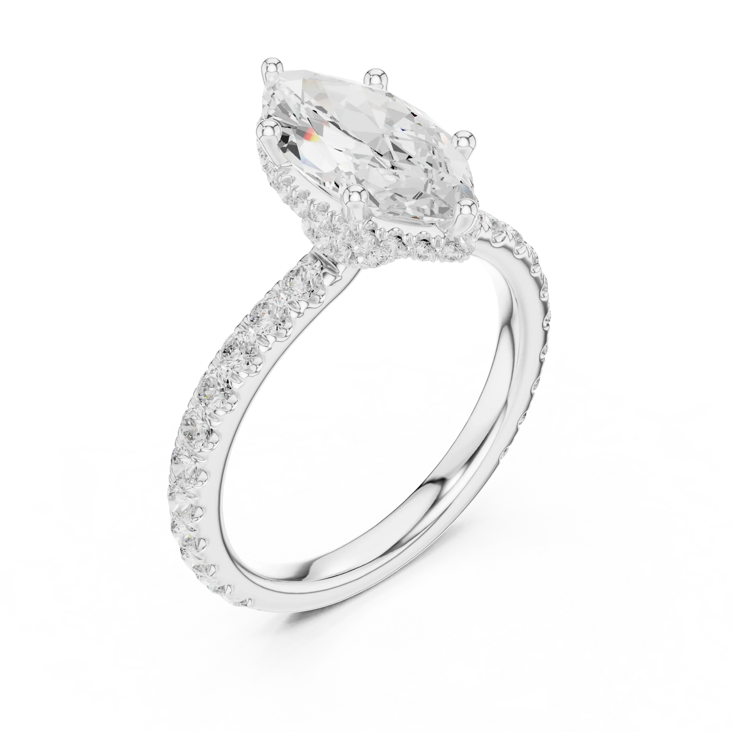 Front view of white gold marquise hidden halo ring with pave diamond band and lab-grown diamond 鈥?Australia