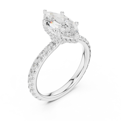 Front view of white gold marquise hidden halo ring with pave diamond band and lab-grown diamond 鈥?Australia