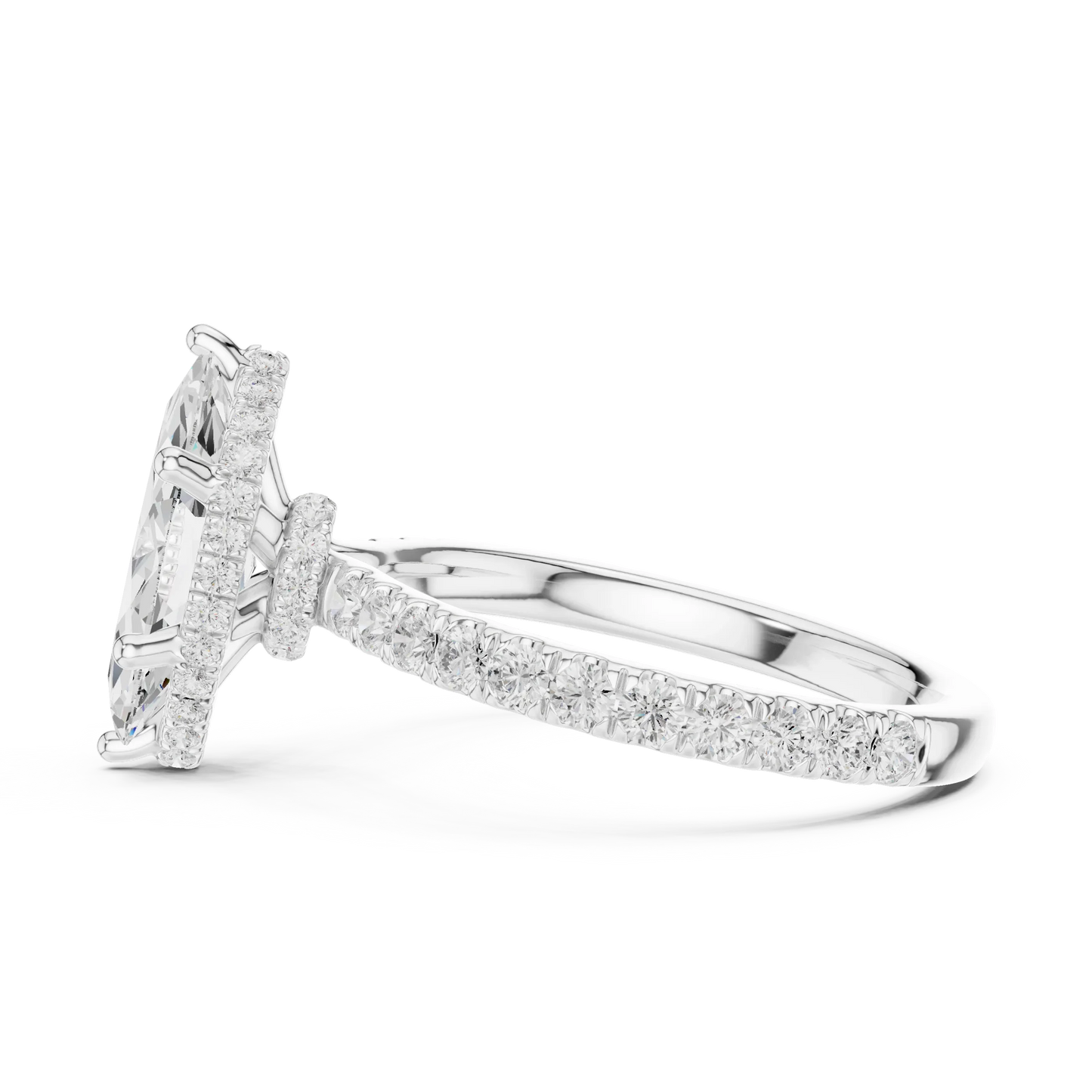 Side view of white gold marquise hidden halo ring with pave diamond band and lab-grown diamond 鈥?Australia