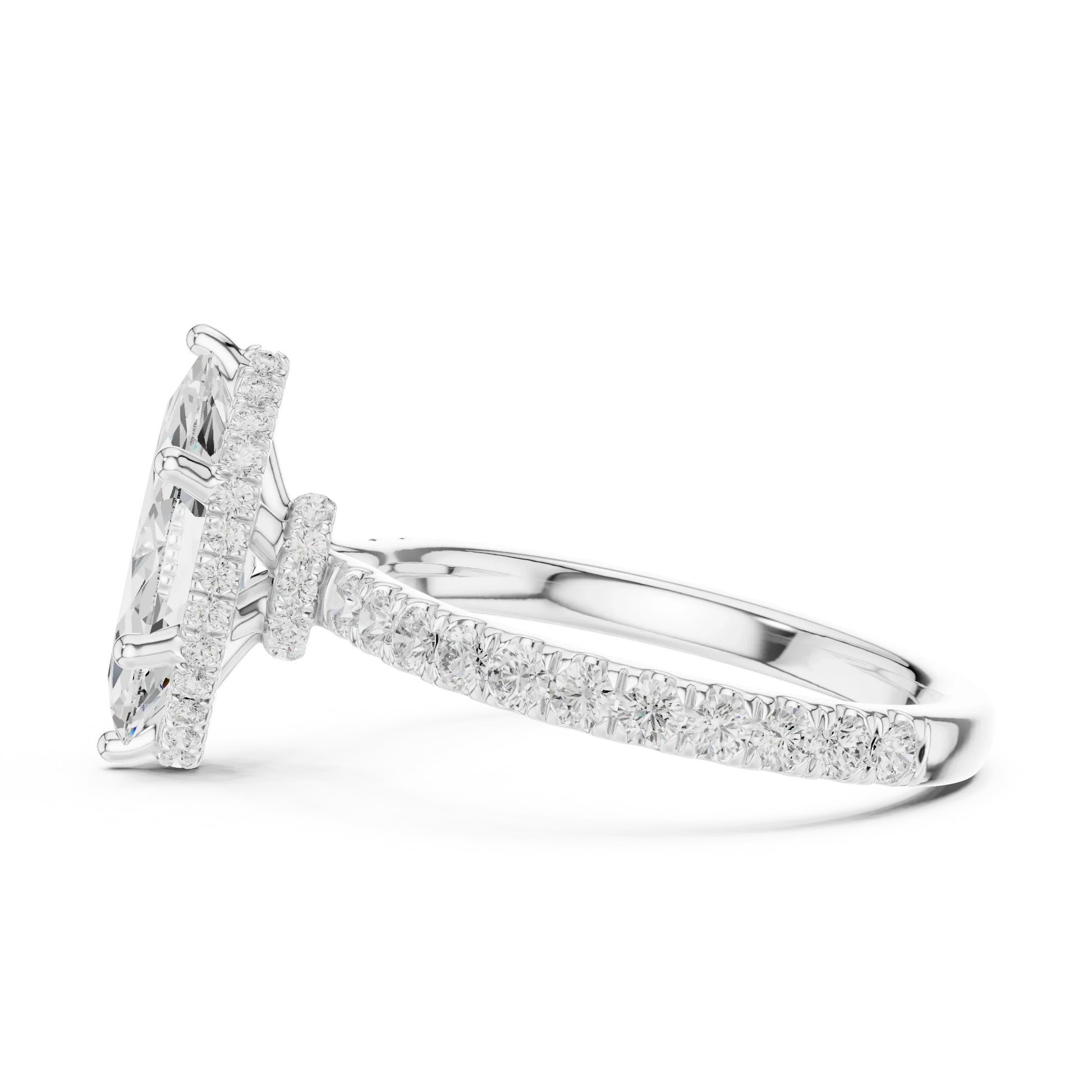 Side view of white gold marquise hidden halo ring with pave diamond band and lab-grown diamond 鈥?Australia