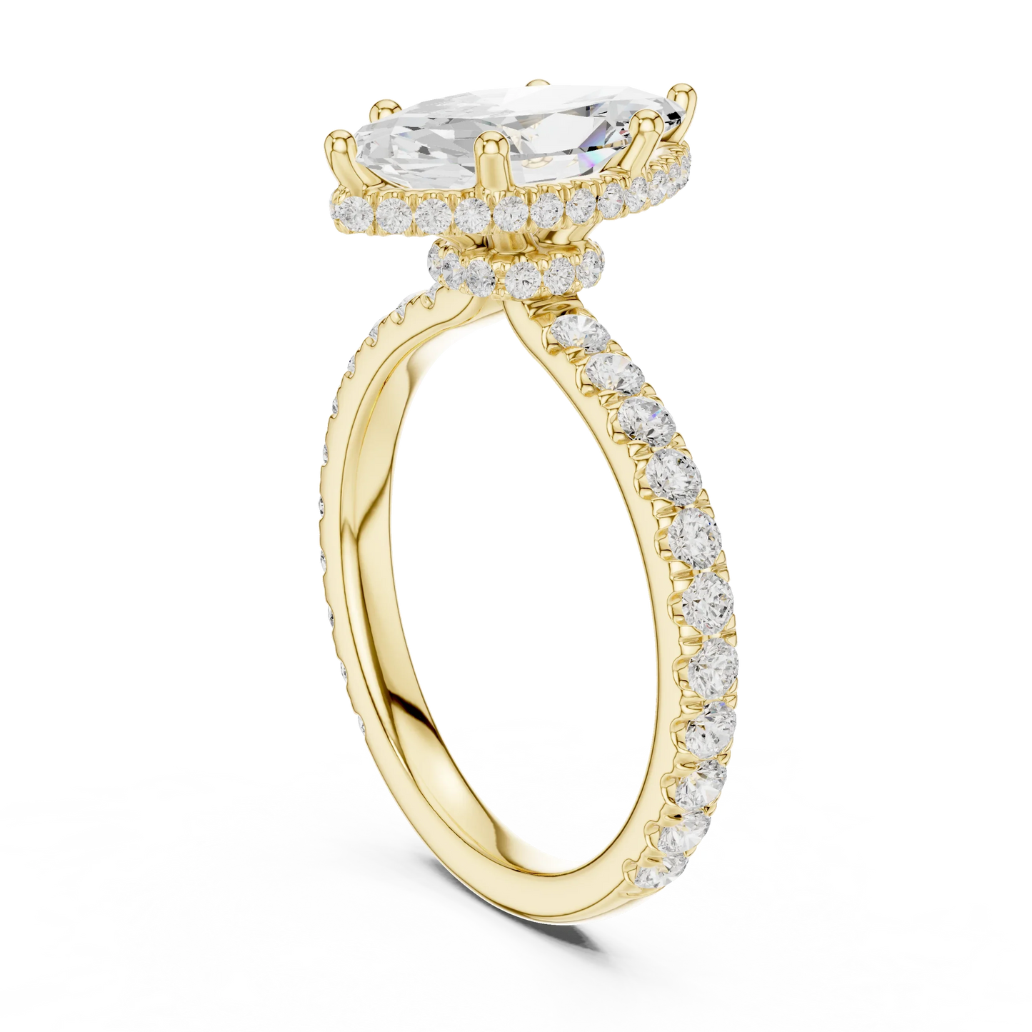 Back view of yellow gold marquise hidden halo ring with pave diamond band and lab-grown diamond 鈥?Australia