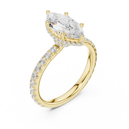 Front view of yellow gold marquise hidden halo ring with pave diamond band and lab-grown diamond 鈥?Australia