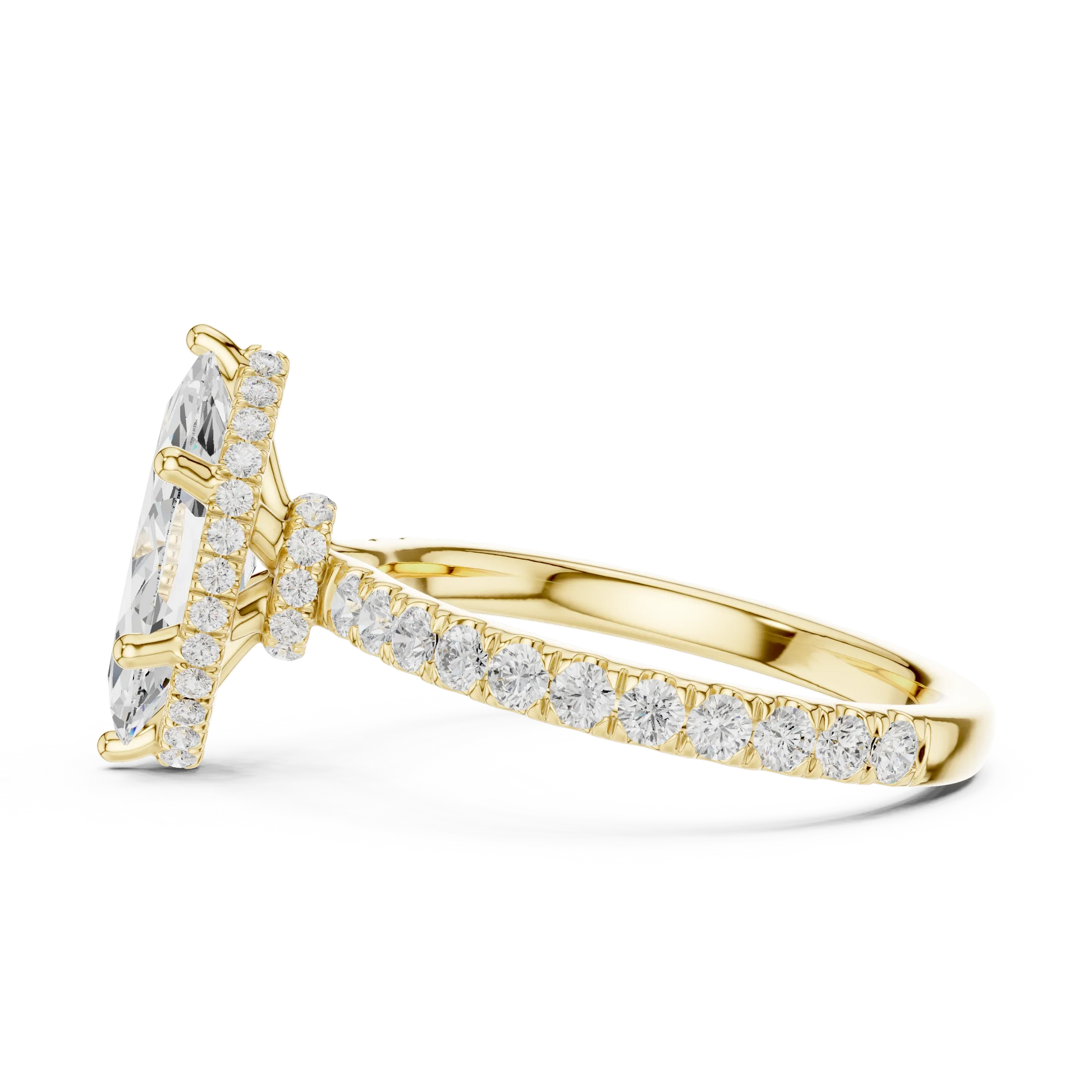 Side view of yellow gold marquise hidden halo ring with pave diamond band and lab-grown diamond 鈥?Australia