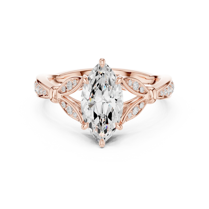 Marquise solitaire ring in rose gold with floral milgrain pave band and lab-grown diamond – Australia
