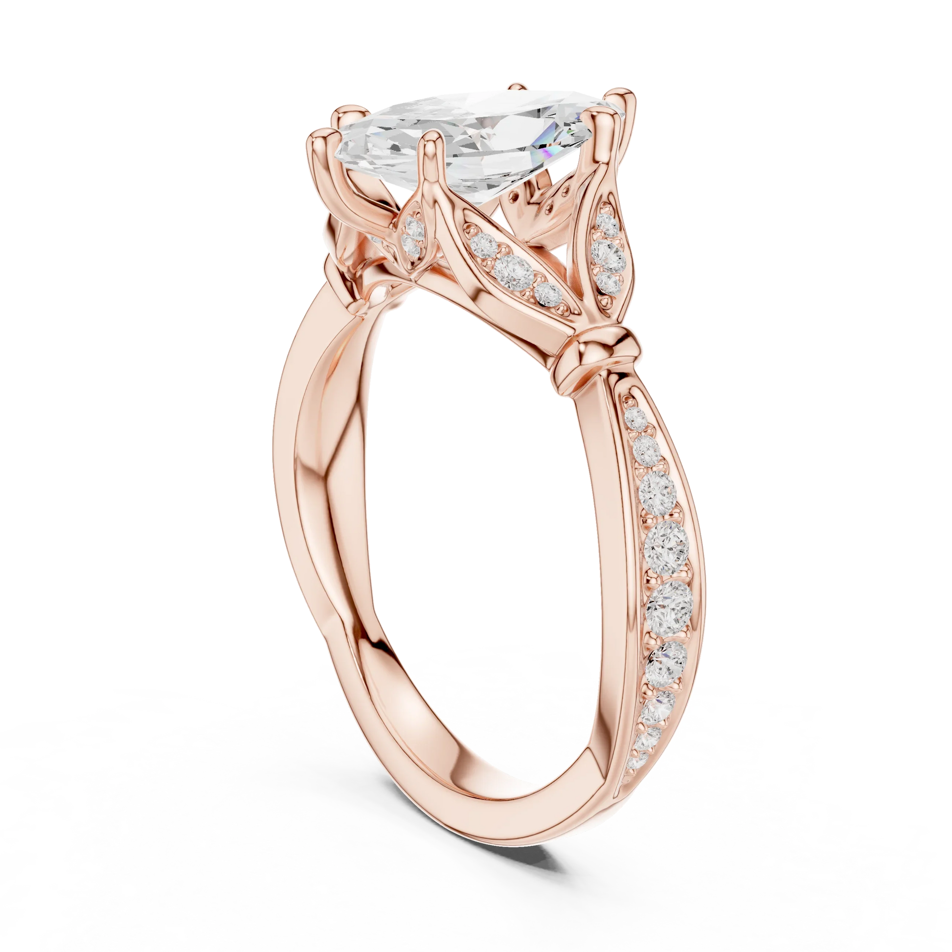 Back side view of rose gold marquise solitaire ring with floral milgrain pave band and lab-grown diamond – Australia