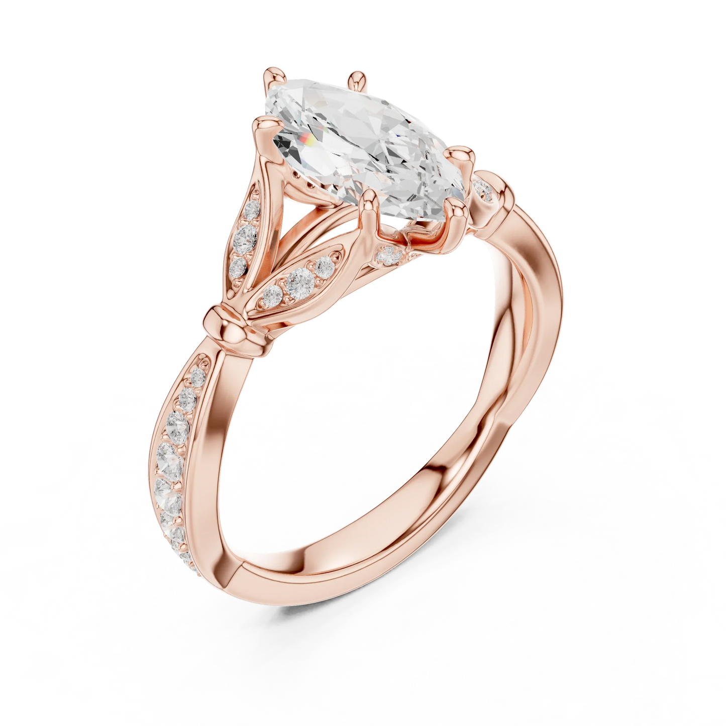 Front view of rose gold marquise solitaire ring with floral milgrain pave band and lab-grown diamond – Australia
