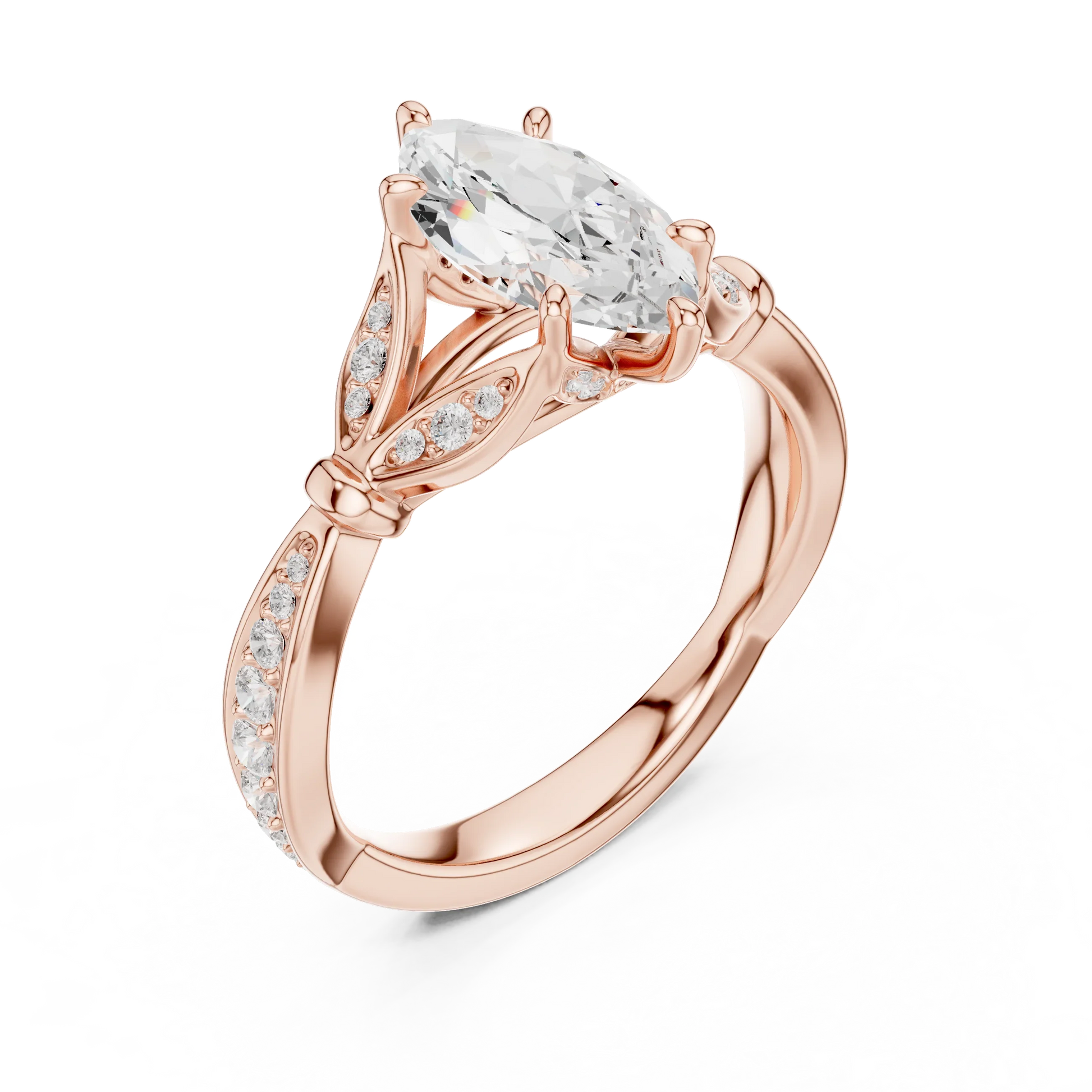 Front view of rose gold marquise solitaire ring with floral milgrain pave band and lab-grown diamond – Australia