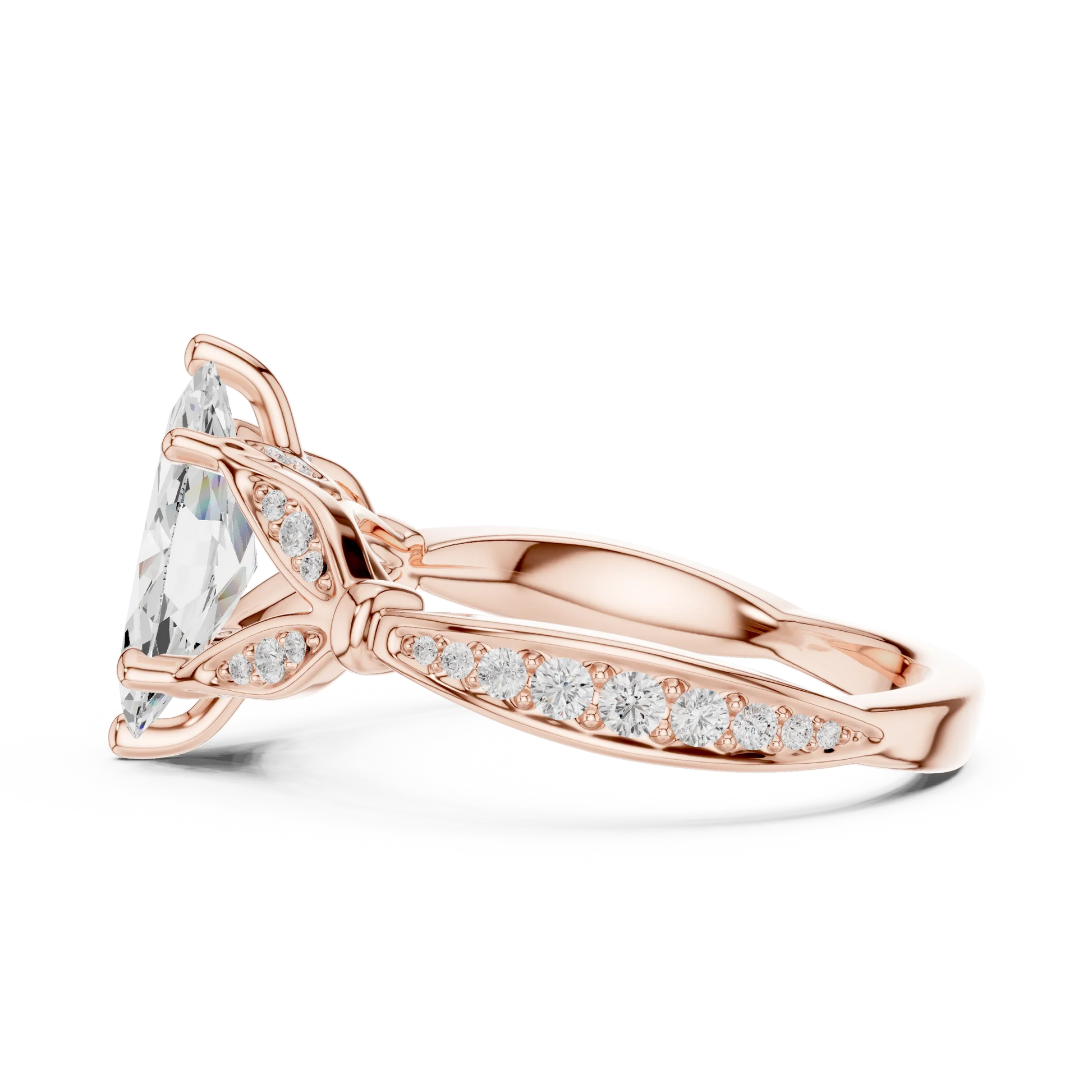 Side view of rose gold marquise solitaire ring with floral milgrain pave band and lab-grown diamond – Australia