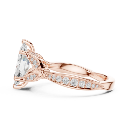Side view of rose gold marquise solitaire ring with floral milgrain pave band and lab-grown diamond – Australia