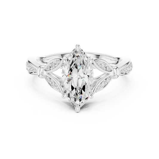 Marquise solitaire ring in white gold with floral milgrain pave band and lab-grown diamond – Australia