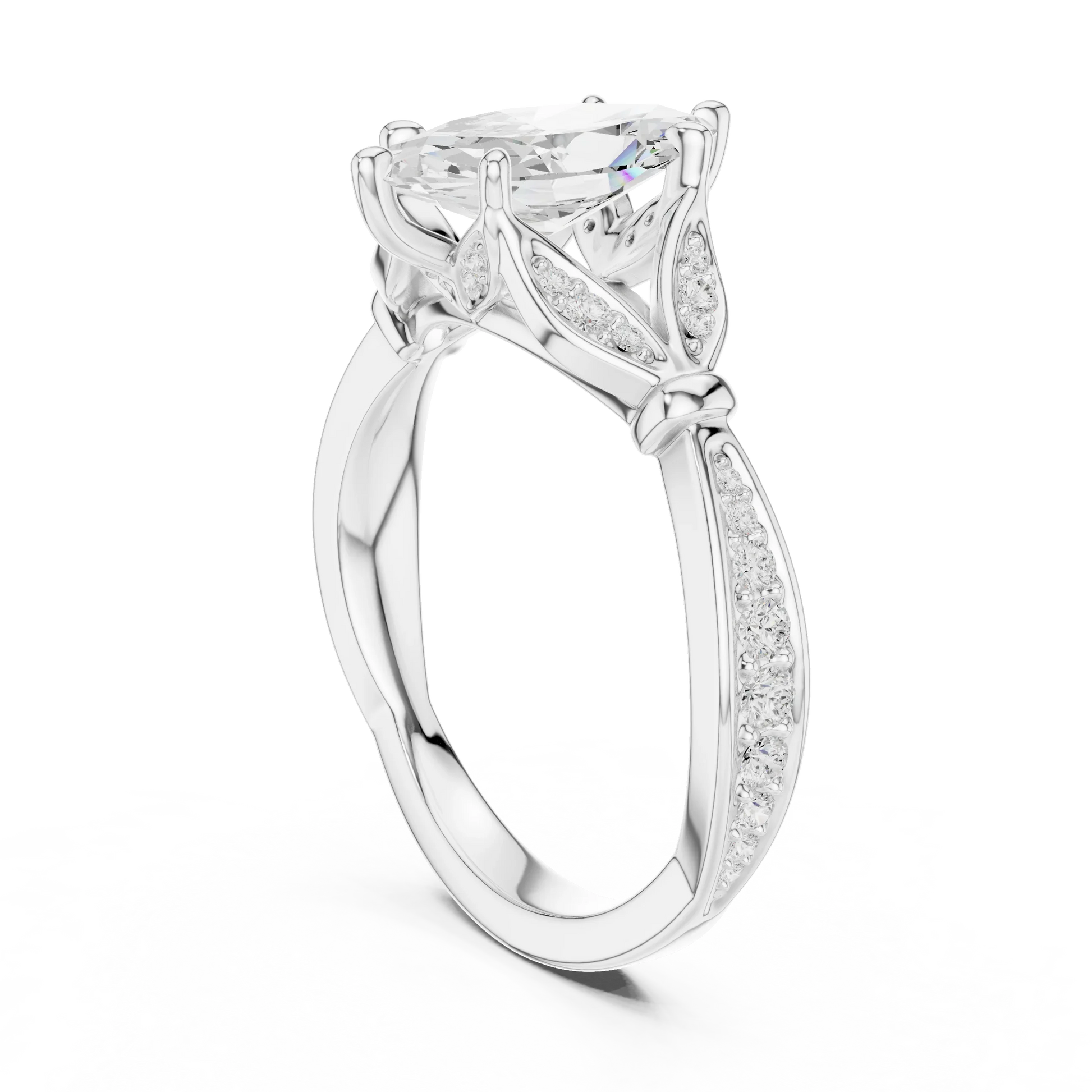 Back side view of white gold marquise solitaire ring with floral milgrain pave band and lab-grown diamond – Australia