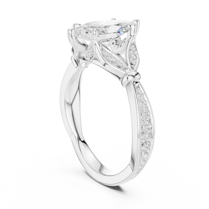 Back side view of white gold marquise solitaire ring with floral milgrain pave band and lab-grown diamond – Australia