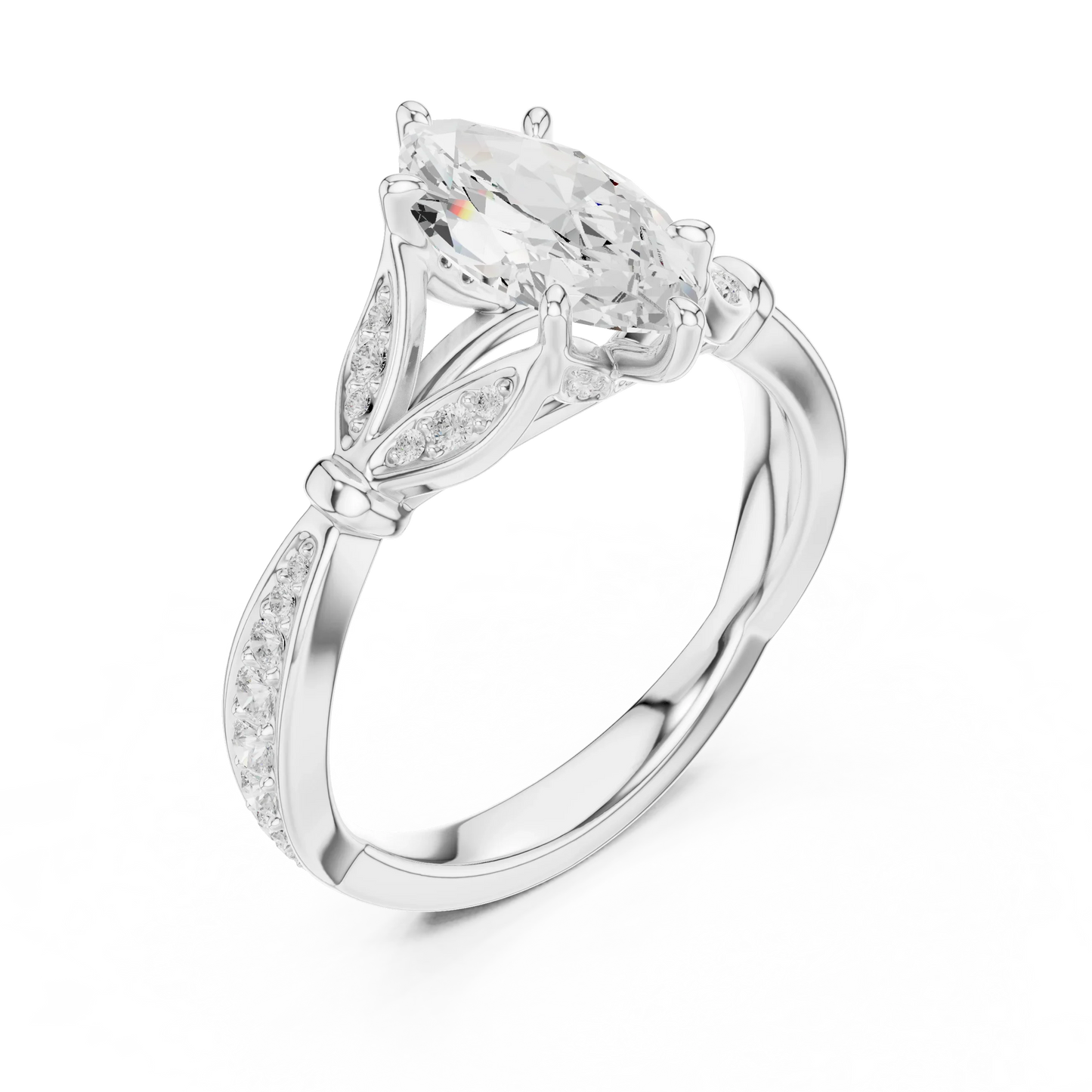 Front view of white gold marquise solitaire ring with floral milgrain pave band and lab-grown diamond – Australia