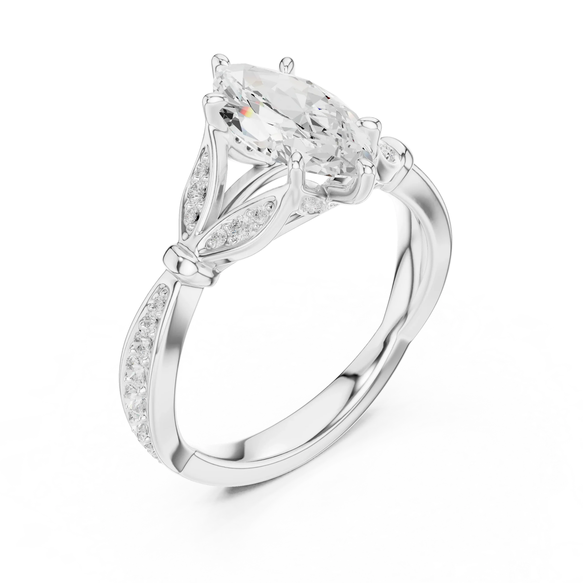 Front view of white gold marquise solitaire ring with floral milgrain pave band and lab-grown diamond – Australia