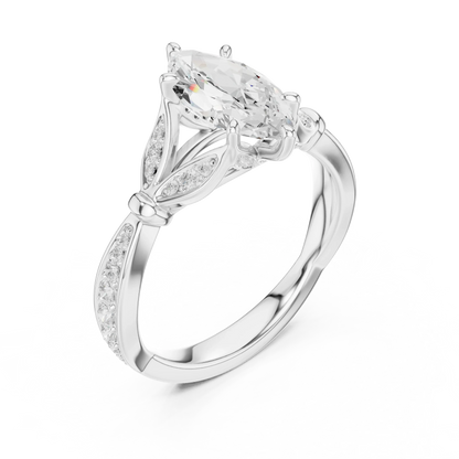 Front view of white gold marquise solitaire ring with floral milgrain pave band and lab-grown diamond – Australia