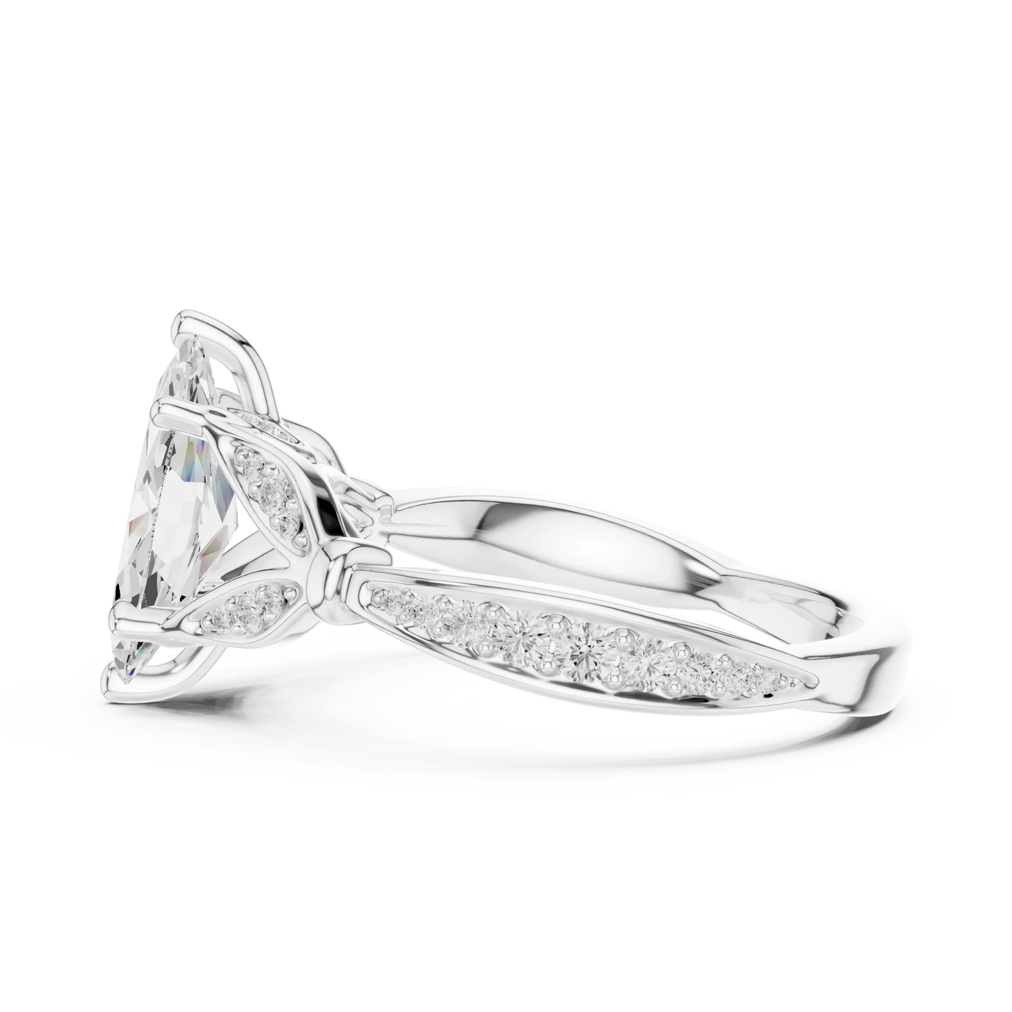 Side view of white gold marquise solitaire ring with floral milgrain pave band and lab-grown diamond – Australia