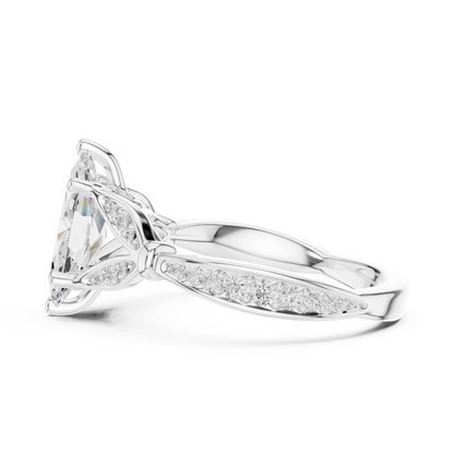 Side view of white gold marquise solitaire ring with floral milgrain pave band and lab-grown diamond – Australia