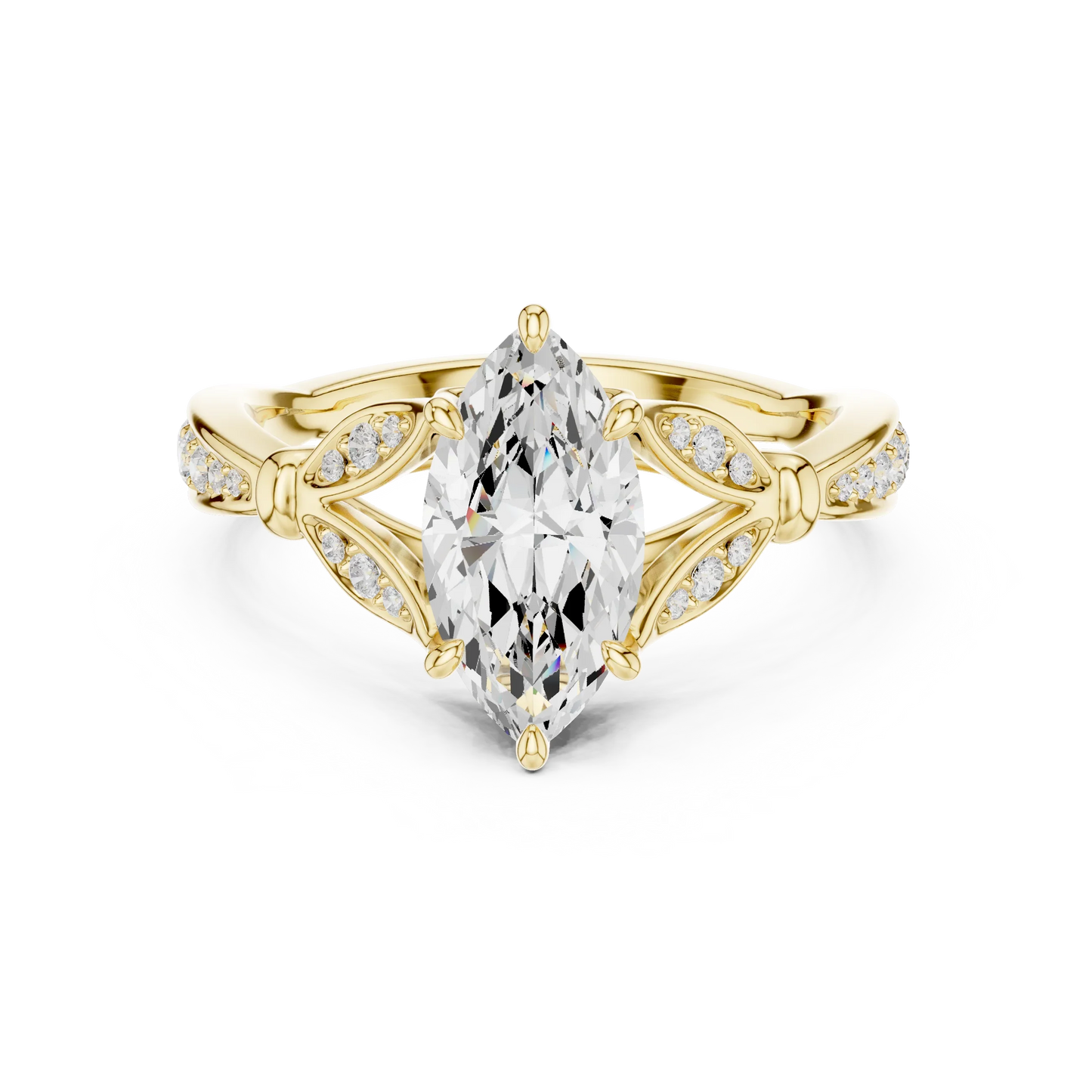 Marquise solitaire ring in yellow gold with floral milgrain pave band and lab-grown diamond – Australia